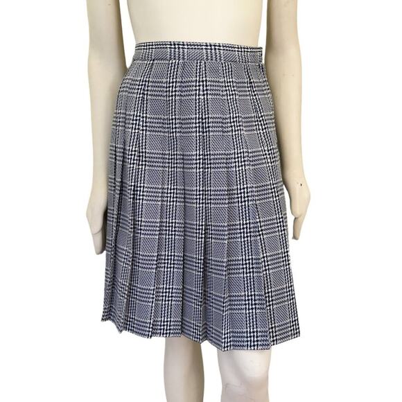VTG 80s RAFAEL Houndstooth Plaid Pleated Skirt in Navy Blue & White SZ 4 - Picture 1 of 12